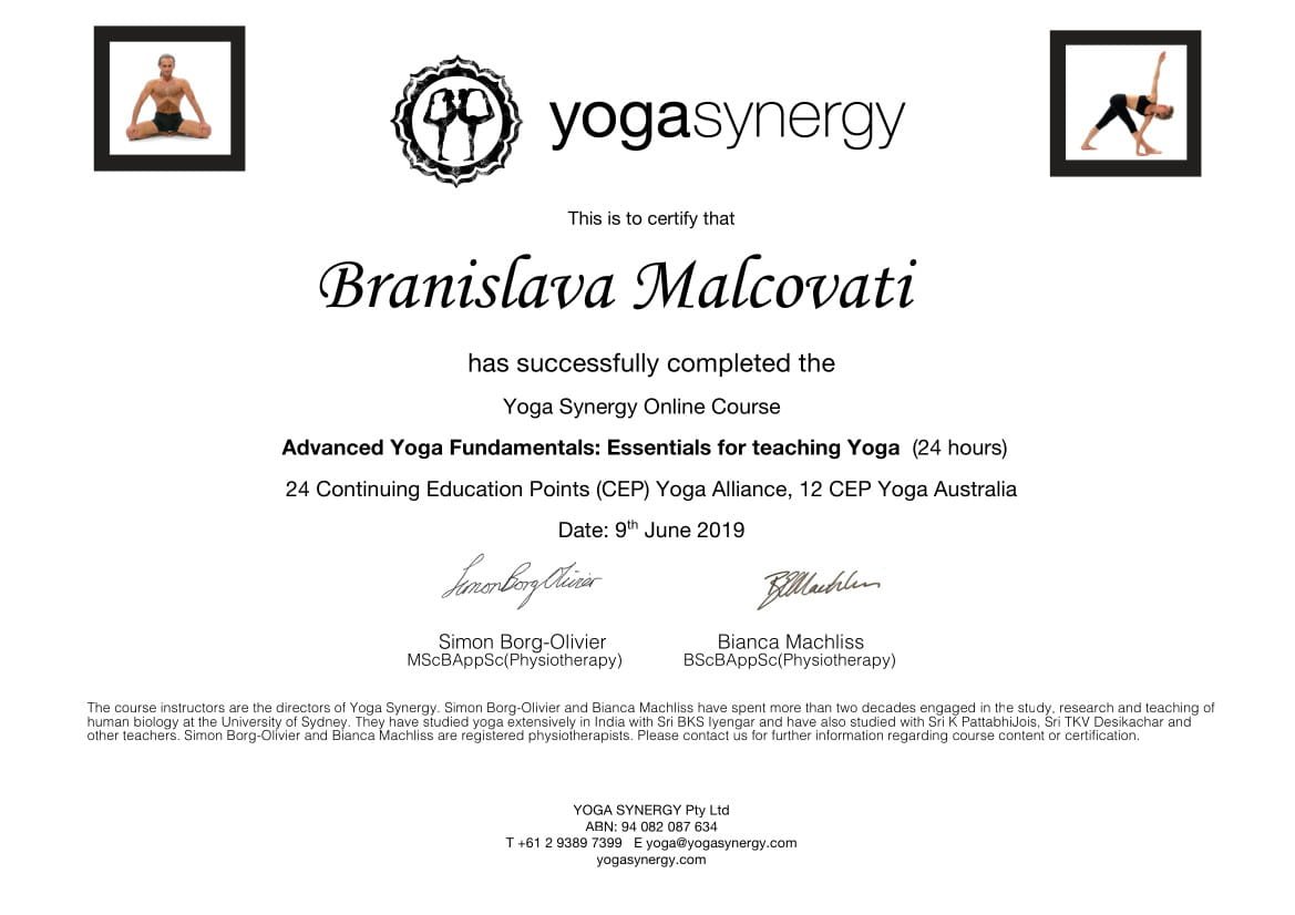 Branislava Malcovati- Yoga Synergy Advanced Yoga Fundamentals Online Course Certifiicate