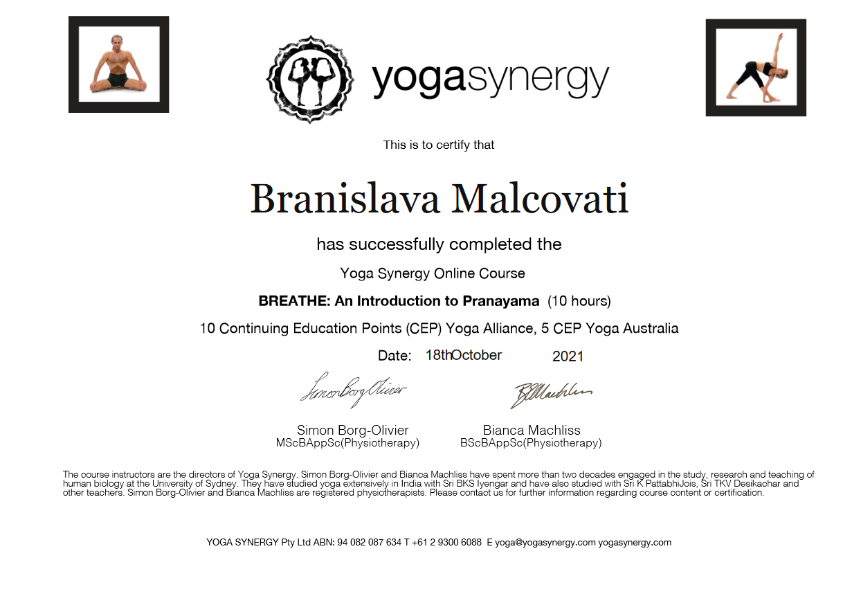 Yoga Synergy BREATHE- An Introduction to Pranayama Online Course Certifiicate pdf